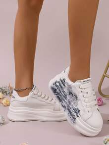 White Shoes College Style Round Toe Women's Casual Shoes Printed Flat Heel Thick Bottom Heightening Shoes Casual Sports Shoes Women's Shoes - Màu be - Xem 5