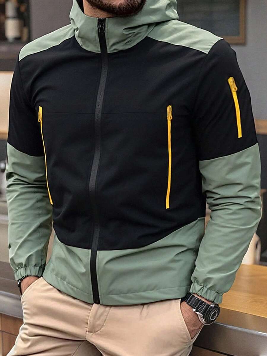 New Men's Casual Contrast Color Hoodie Jacket , Fall - Army Green - View 1