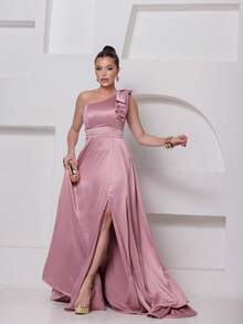 Long Dress For Bridesmaid – One Shoulder With Ruffle And Slit Elegant Simple Elegant Party Satin Side Opening Zipper Pleated Bridesmaid Civil Wedding Debutante Graduate Formal And Evening - 乾枯玫瑰色 - 查看 8