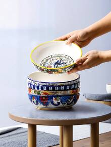 1pc 19.4oz Bohemian Style Underglaze Ceramic Plate, Luxurious Retro Colorful Painting Exquisite Pattern Large Capacity Salad Plate, Suitable For Home Kitchen, Restaurant, Holiday Gift, Party - Multicolor - View 3