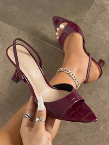 صنادل نسائية ذات كعب عالي، موضة كعب عالي راقية للحفلات والخارج، كعب إبزيم، مادة نسيج لامعة، جذاب وأنيق، لون بوردو، مناسب للربيع والصيف