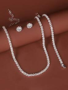 4 件套全水钻精致项链和手链首饰套装，适合女士日常佩戴 - 銀色 - 查看 1