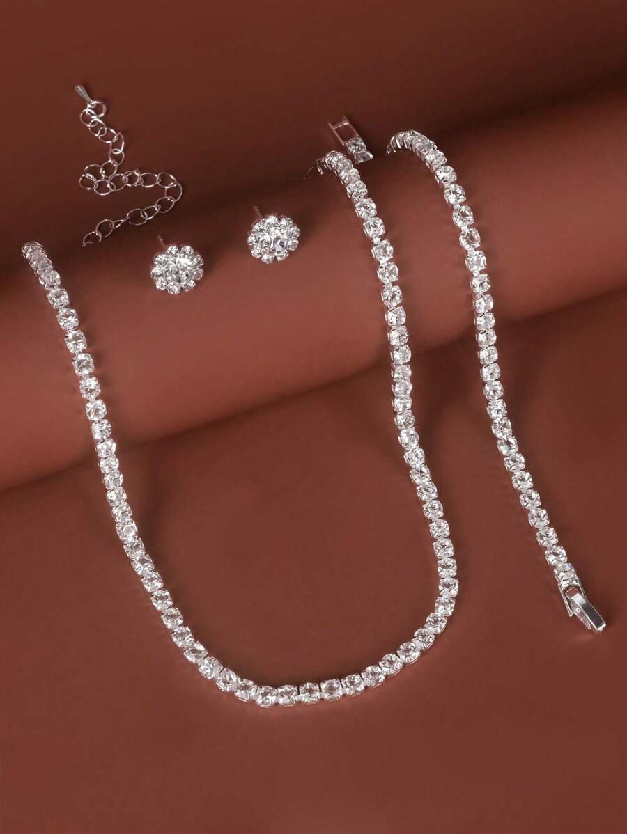 4 件套全水钻精致项链和手链首饰套装，适合女士日常佩戴 - 銀色 - 查看 1