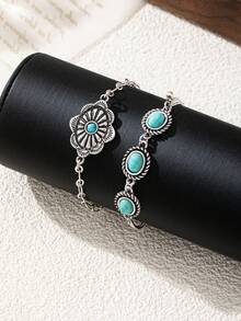 2pcs Western Style Turquoise Bracelets Set, Suitable For Daily Wear - Multicolor - View 6