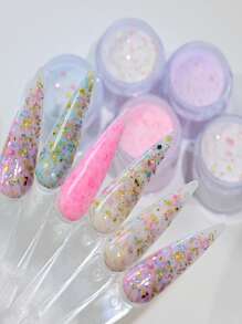 5件套亚克力美甲粉套装，白色、粉色、蓝色高光泽亚克力粉套装，含闪粉，5种颜色闪亮亚克力美甲雕塑法式美甲延长和指甲雕刻，持久易贴亚克力按压式美甲片 - 彩色 - 查看 3
