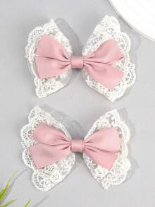 2个粉色蕾丝蝴蝶结发夹，优雅蕾丝蝴蝶结发夹，粉色丝带蝴蝶结鳄鱼夹，适合女孩节日、婚礼派对头饰，儿童宝宝发饰 - 粉色 - 查看 11