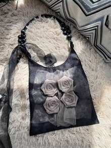 Vintage Chinese Style Batik Rose Flower Pleated Underarm Commute Tote Bag, Large Capacity Shoulder Handbag For Daily Use - Black - View 8
