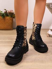 2-2025 Platform Women's Leopard Print Boots, Thick Sole, Short Ankle Boots, Fashionable British Style, Suitable For Autumn/Winter - Black and Brown Leopard Print - View 3
