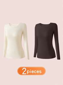 2pcs Women's Ultra-Thin Underwear Set, Soft & Comfortable Round Neck Long Sleeve Base Layer Top, Hyaluronic Acid Skin-Friendly Seamless Skin-Friendly Shirt, Comfortable Fabric Suitable For Underwear And Sleepwear - Multicolor - View 2