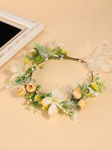 1 件粉红玫瑰花波西米亚风格新娘婚礼花卉头带、花冠、头饰、服装皇冠、头花环、头饰、发箍、发箍