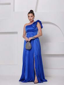 Long Dress For Bridesmaid – One Shoulder With Ruffle And Slit Elegant Simple Elegant Party Satin Side Opening Zipper Pleated Bridesmaid Civil Wedding Debutante Graduate Formal And Evening - 寶藍色 - 查看 1