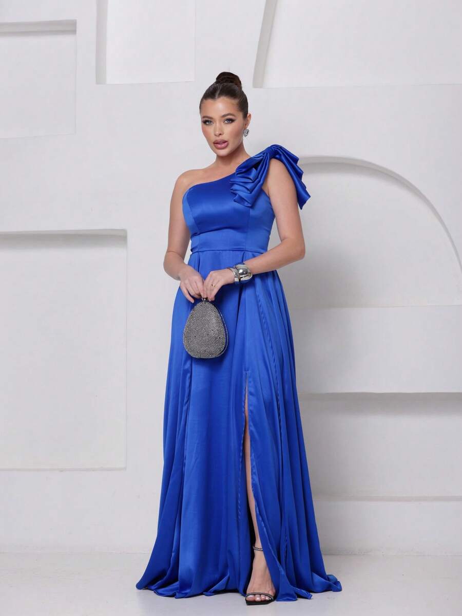 Long Dress For Bridesmaid – One Shoulder With Ruffle And Slit Elegant Simple Elegant Party Satin Side Opening Zipper Pleated Bridesmaid Civil Wedding Debutante Graduate Formal And Evening - 寶藍色 - 查看 1