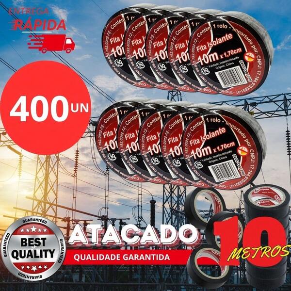 Kit 400 Fita Isolante de 10 Metros Pacote Com 10 Rolos 15mm Antichama Preta ATACADO