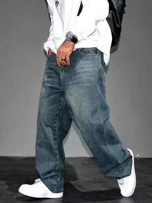 Y2K Casual Straight Leg Jeans, Suitable For Teenage Boys - Washed Denim Jeans, Loose Casual Streetwear, Outdoor Jeans, 90s Retro Classic Denim Pants - 中等水洗藍 - 查看 1