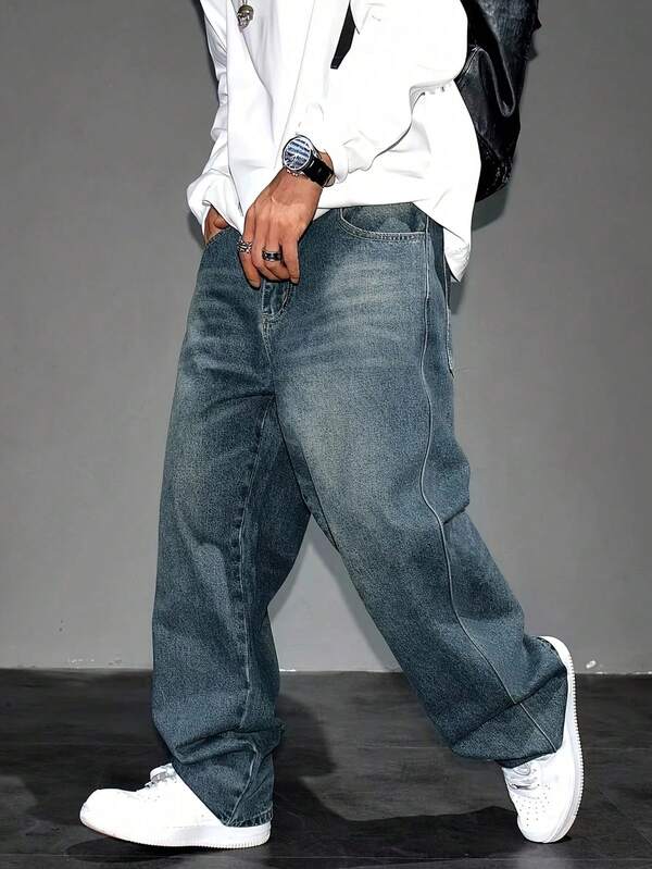 Y2K Lässige Straight Leg Jeans, geeignet für Teenager Jungs - Verwaschenene Denim Jeans, Locker Lässiger Streetwear, Outdoor Jeans, 90er Jahre Retro Klassische Denim Hose