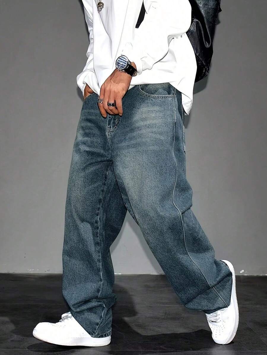 Y2K Casual Straight Leg Jeans, Suitable For Teenage Boys - Washed Denim Jeans, Loose Casual Streetwear, Outdoor Jeans, 90s Retro Classic Denim Pants - 中等水洗藍 - 查看 1