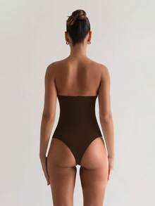 XLLAIS Women's Summer White & Brown Elastic Double-Layer Fabric Casual Bodysuit, Minimalist Style For Daily Wear & Holiday