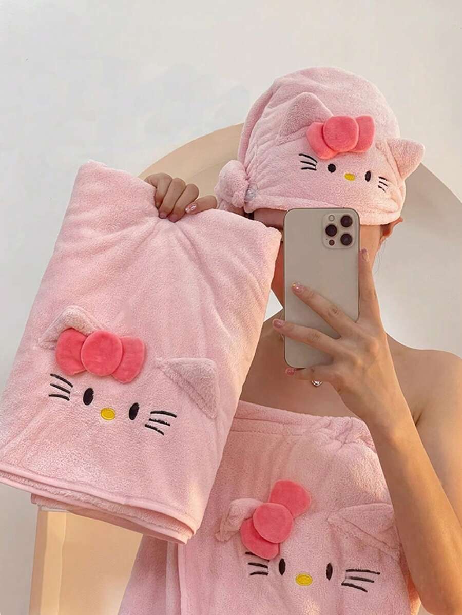 Sanrio 1 Stück Hello Kitty Bademantel Handtuch, süße rosa Korallen Fleece Katze, kann als Haarkappe verwendet werden, saugfähig und weich, ideal als Geburtstagsgeschenk für Freunde (einige Teile können zufällig sein), Duschhandtücher für Schönheitssalon, Hotel, Sport, Zuhause Essentials, Handtuch, Hautpflege