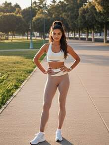 Traje de yoga para mujeres, blusa de cuello cuadrado y pantalones ajustados de cintura alta, diseño de color - Ropa de entrenamiento para correr y fitness, traje básico sexy, con dispositivo de elevación de caderas, adecuado para el trabajo y el entrenamiento. - Marfil+Caqui - Ver 4