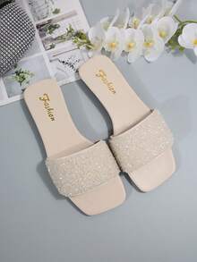 大码女式平底凉鞋，度假风格夏季休闲百搭水钻装饰一脚蹬凉鞋 - 米色 - 查看 6