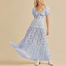 Women Ruffled A-Line Dress Casual Summer Floral Print Sweetheart V-Neck Puff Sleeve Party Dress For Cocktail Streetwear - Blue - View 3