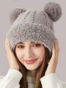 1 Stück süße pelzige Mütze, gestrickte Acryl-Plüsch-Bärenmütze für Frauen, Herbst-/Winteraccessoires