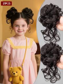2 PIEZAS Pieza de cabello ondulado rizado sintético para moño de niños, extensiones de cabello corto, adecuado para que los niños usen pelucas, rosquillas, moños de cabello, accesorios para el cabello de niñas y diademas