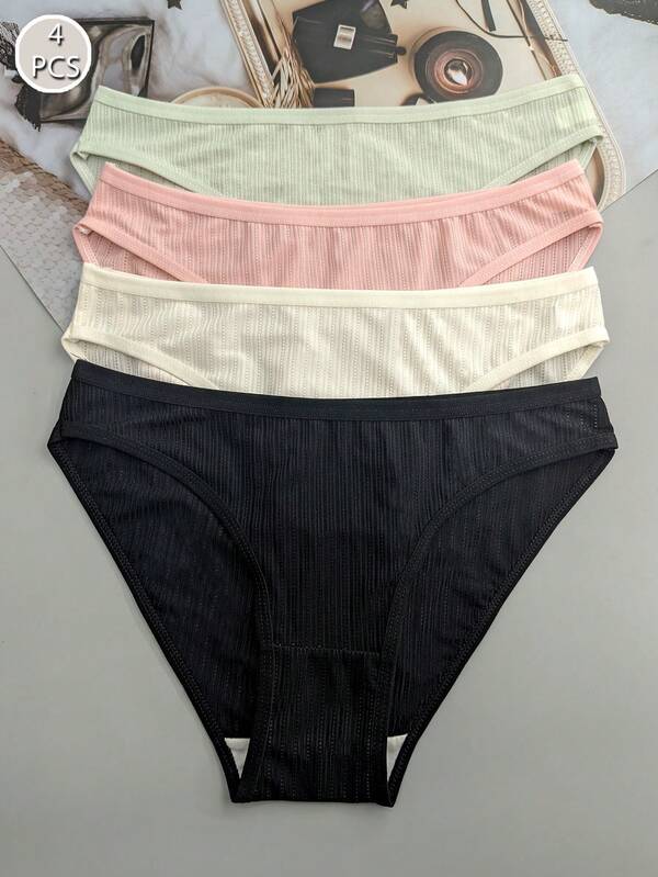 4pcs Women's Breathable Seamless Panties, High Stretch, Solid Color Minimalist Design With Mesh Panels And Striped Elements, Comfortable And Refreshing