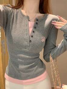 1 件女式修身长袖二合一 T 恤，灰色，秋冬分层上衣