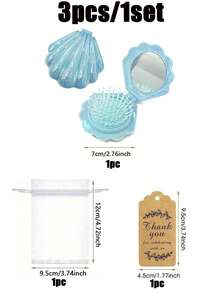 18件/6套 - 婴儿派对回礼、性别揭晓派对用品、迷你折叠旅行梳带镜子贝壳形口袋化妆镜、婚礼派对宾客回礼梳子套装（含感谢卡和欧根纱袋） - 藍色 - 查看 11