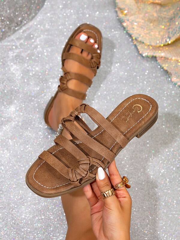 Women's Low Heel Sandals, Women's Flat Slide Sandals, Brown Flat Sandals, Bow Tie Design Casual Comfortable Sandals, Breathable Lace-Up Open Toe Slide Sandals, Minimalist Earthy Color Vacation Sandals, Handmade Bow Tie Sandals, 2025 Summer New Sandals, Beach Vacation Style Lace-Up Sandals, Bohemian Woven Sandals, Commute Versatile Flat Sandals, Unique Criss-Cross Strap Solid Color Bohemian Sandals