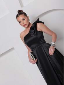 Long Dress For Bridesmaid – One Shoulder With Ruffle And Slit Elegant Simple Elegant Party Satin Side Opening Zipper Pleated Bridesmaid Civil Wedding Debutante Graduate Formal And Evening - 黑色 - 查看 4