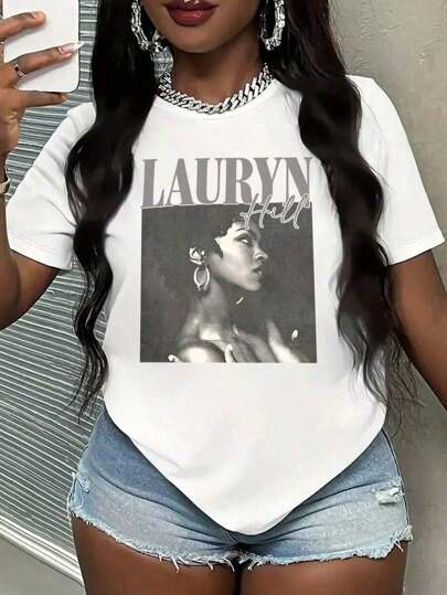 Plus Size Women T-Shirts,Lauryn Hill Graphic Shirt ,(1 Pcs )100% Cotton Casual Printed T-Shirt,Crew Neck Short Sleeve,220g  Cotton T-Shirt,For ,Gift,Summer,Unisex100% Cotton Round Neck T-Shirt_Vintage Retro Black White Line Art Print Office Casual Crewneck Tee