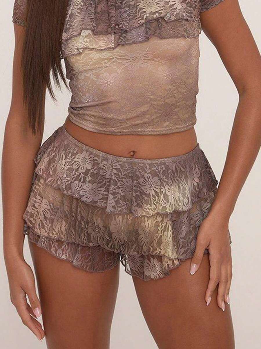 Women Lolita Bloomers Cute Ruffle Shorts Lace Pumpkin Pants .Y Boyshorts Layered Bottoms Y2k Sweet Pettipants - 棕色 - 查看 1