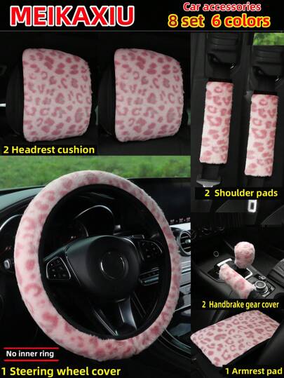 MEIKAXIU Conjunto de 4 peças de acessórios de carro elásticos com estampa de leopardo, incluindo capa de volante, ombreira, tapete para apoio de braço, capa para freio de mão e câmbio, capa para encosto de cabeça, adequado para mulheres