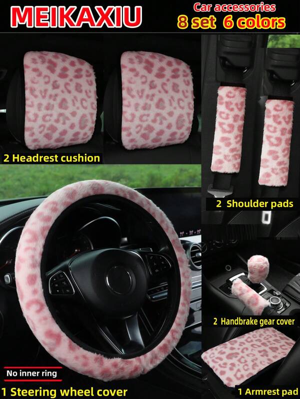 MEIKAXIU Set de 4 piezas de nuevos accesorios de carro con estampado de leopardo de peluche, elásticos y extensibles, que incluyen: Funda para volante, Almohadilla para hombro, Alfombrilla para apoyabrazos, Funda para freno de mano y palanca de cambios, Funda para reposacabezas, Adecuado para mujeres