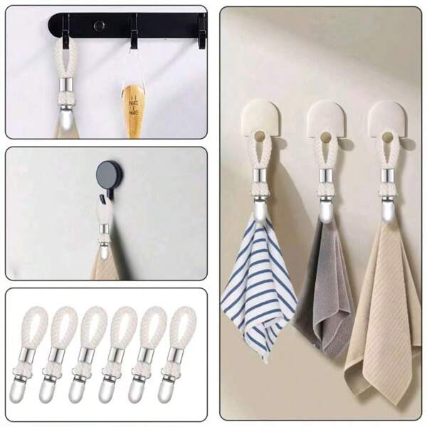 1pc/2pcs/4pcs Easy Install Stainless Steel Towel Clip With Cotton Rope - Multifunctional Wall-Mounted Bathroom Home Storage