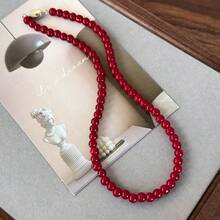 1pc New Red Round Glass Beaded Necklace, Vintage Chinese Style Ingot Clasp Choker, Minimalist Versatile Necklace Accessory - Red - View 3