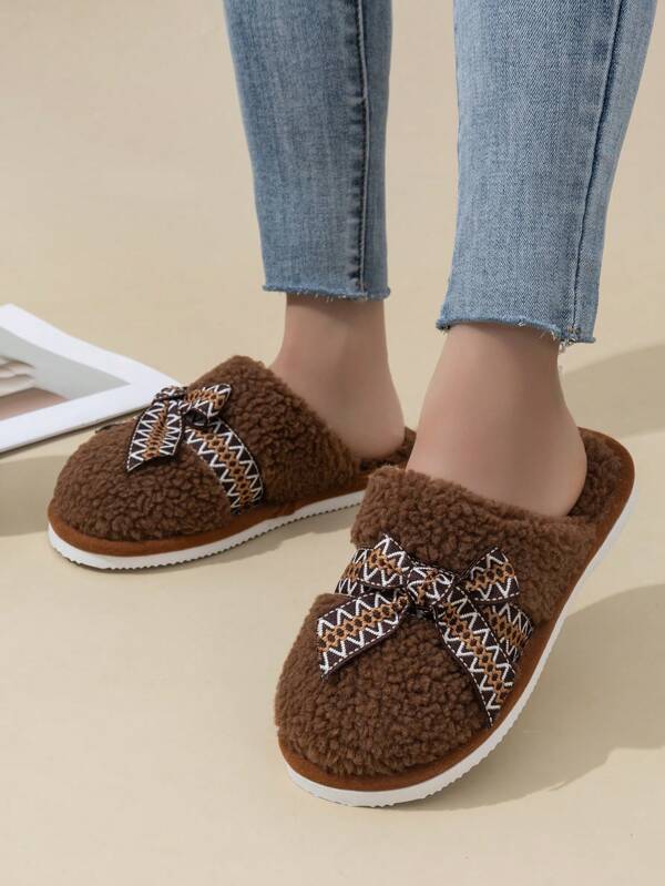 Women's New Autumn/Winter Slippers, Comfortable Indoor Home Quiet Bow Design, EVA Sole Bedroom Couple Closed Toe Warm Flat Slippers