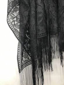 1pc Solid Color Lace Hollow Out Tassel Shawl Scarf Wrap For Women, Versatile For Dress - Multicolor - View 3