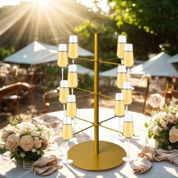 Champagne Tower Cocktail Tree Holder With Glasses, 3-Tiered 12-Holder For Thanksgiving Party Drink Tower, Suitable For Holiday Wedding Birthday Parties Gift, Golden
