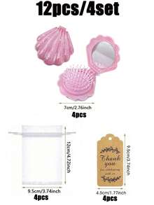 18件/6套 - 婴儿派对回礼、性别揭晓派对用品、迷你折叠旅行梳子带镜子贝壳形口袋化妆镜、婚礼派对散装梳子回礼、便携式钱包旅行镜刷套装（包含感谢标签和欧根纱袋） - 粉色 - 查看 12