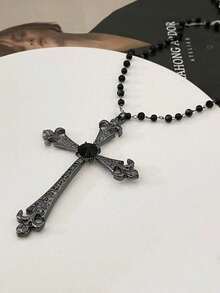 1pc Ascension Day Cross Crystal Beaded Necklace, Black Metal Material With Zirconia Inlaid, Goth Style Suitable For Women Daily Wear - màu đen - Xem 9