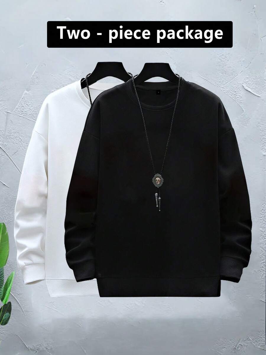 2pcs/Set Men's Solid Color Drop Shoulder Long Sleeve Casual Loose Crew Neck Sweatshirt - Black and White - View 1