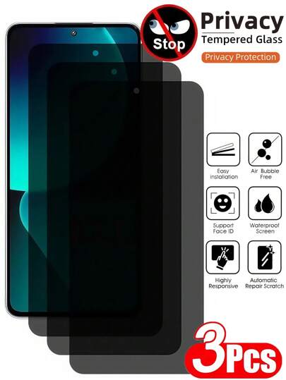 3 piezas Película de vidrio templado transparente antiespia, resistente a los arañazos, repelente al aceite, a prueba de explosiones, de alta definición, con capa electrolítica, suave como la seda, protección de privacidad, a prueba de agua y golpes, compatible con Xiaomi Redmi Note 14 13 Pro 4G 5G 13T 14T 13C 14C Poco C75 C65, protector de pantalla esencial para oficina/metro, accesorios para teléfono