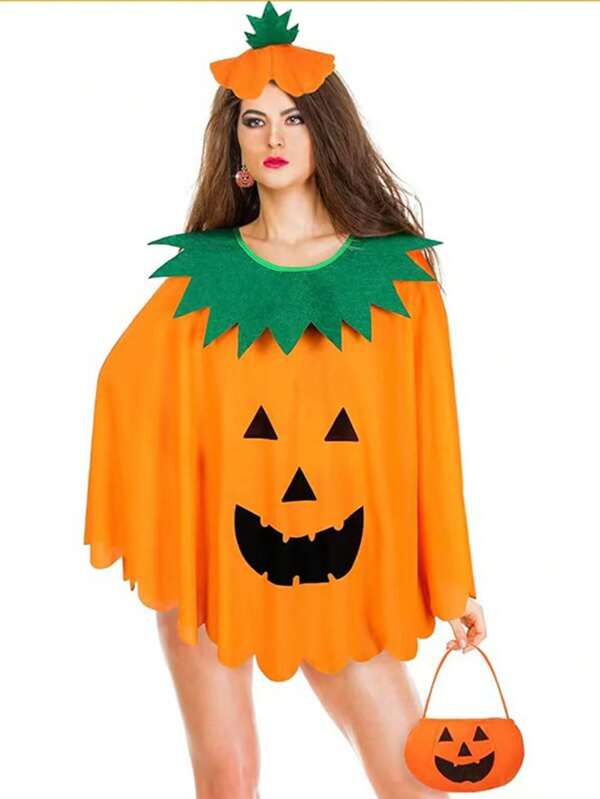 3pcs/Adult Halloween Costume Set, Including Pumpkin Cape, Candy Bag, Hat, Handbag And Funny Headband. Perfect For Party And Costume Dance Props.