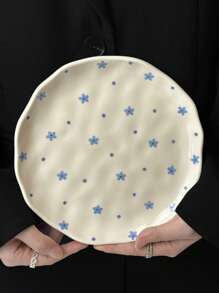 1 pieza Plato de cena de cerámica con estampado floral azul de estilo INS, bandeja de comida esmaltada asimétrica hecha a mano, vajilla del hogar, plato para bistec, pasta, ensalada, postre, fruta, regalo de fiesta para novio/novia