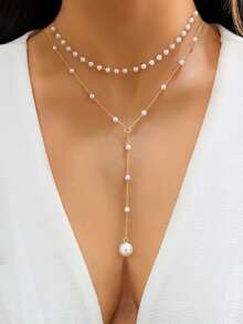 1 pieza Collar en forma de Y con diseño dorado, decorado con rhinestones y perlas artificiales, adecuado para uso diario por mujeres, regalos de , fiestas de gala (cadena hecha a mano cortada a medida, número variable de perlas)