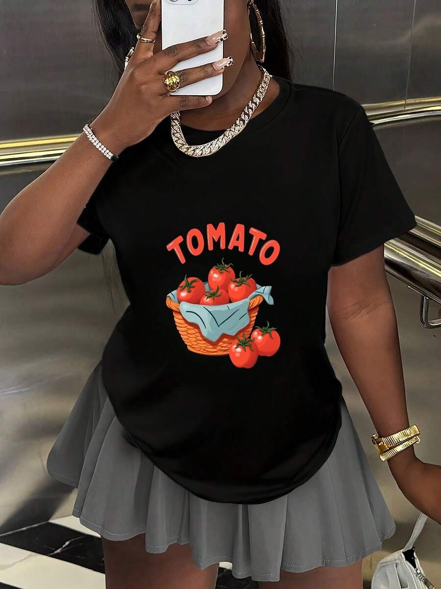 Fresh Tomatoes In Basket T-Shirt - Casual Crew Neck Cotton Tee, Soft & Breathable Summer Shirt - Perfect For Farmers Market Lovers, Gardeners, Or Healthy Eating Enthusiasts - Great Gift For Friends, Family, Or Foodies - 黑色 - 查看 1
