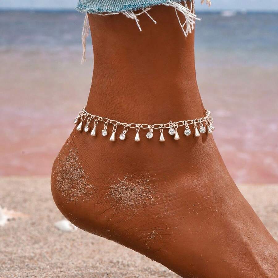 Bohemian Beach Style Handmade Anklet, Simple And Light Luxury Tassel Water Drop Diamond Anklet - 銀色 - 查看 1